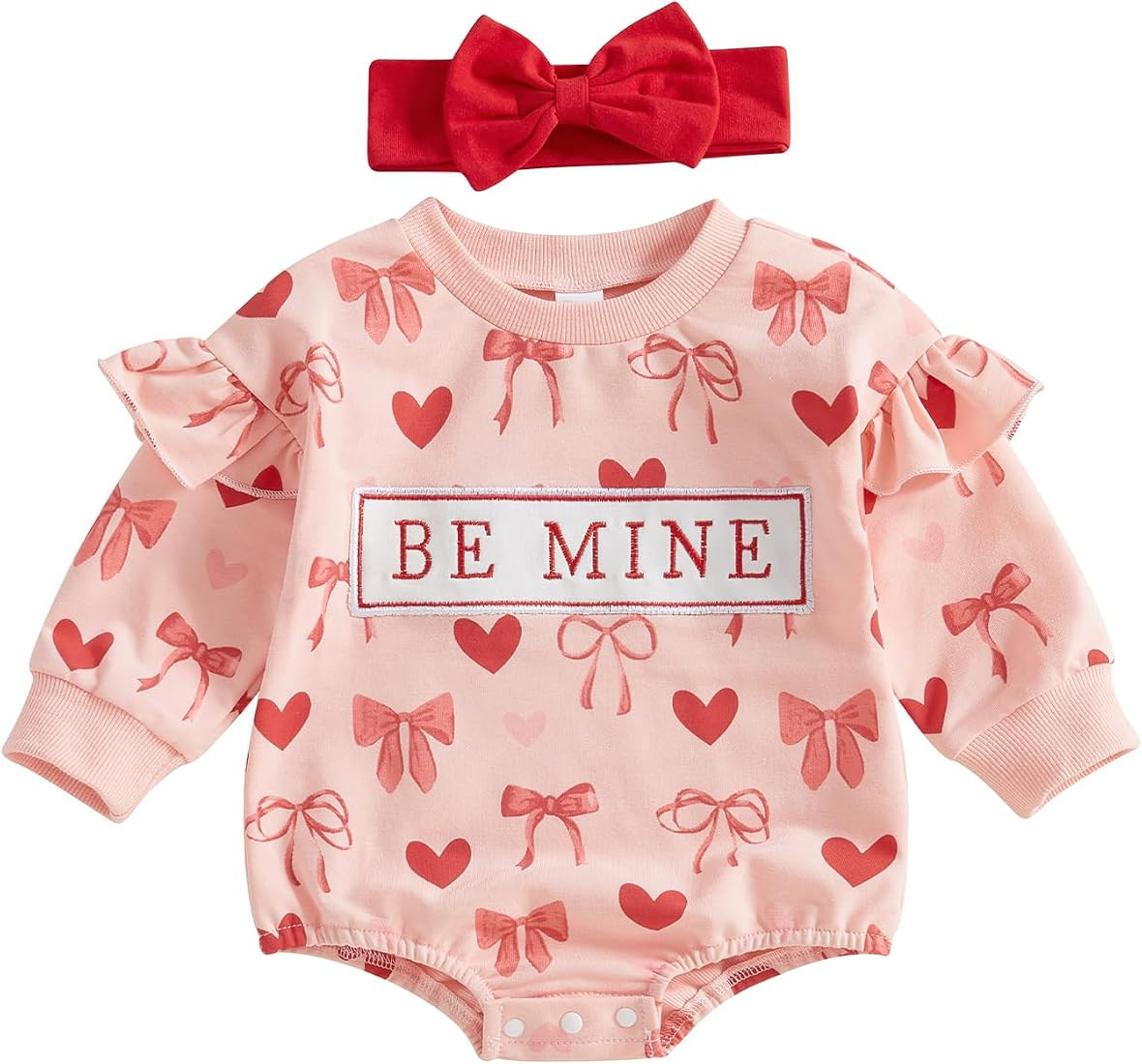 Valentines Day Baby Girl Outfit Be Mine Heart Sweatshirt Bubble Romper Ruffle Long Sleeve Bodysui... | Amazon (US)
