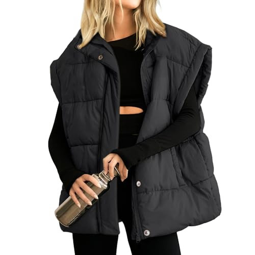 Songling Womens Oversized Puffer Vest Stand Collar Full Zip Sleeveless Bubble Puffer Vest Quilted Padded Warm Coat Outwear (Black,M) | Amazon (US)