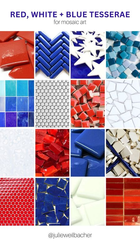 Just in time for July 4th, here’s some patriotic tesserae for your next mosaic project. ❤️ Using mosaic materials in red, white, and blue is a fun way to celebrate the holiday! 🤍 Choose from materials in glass tile, precut glass shapes, stained glass, penny round tile, porcelain shapes, smalti, and broken plates + mugs. 💙 For mosaic tips, tutorials, inspiration, and so much more please visit my YouTube channel: YouTube.com/julieweilbacher. Follow @julieweilbacher on Instagram for all things mosaic art. July 4th - 4th of July - mosaic - red white and blue - glass tile - mosaics - stained glass - penny round tile - porcelain tile - ceramic tile - glass art - crafts night - glass crafts

#LTKHome #LTKFindsUnder50