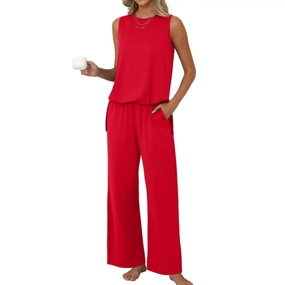MINTREUS Lounge Sets for Women Knit Loose Tank Top Wide Leg Pants Soft Comfy Pajamas Set 2-Piece ... | Walmart (US)