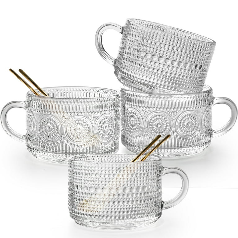 Coffee Cup Vintage Glass Mugs 14 Ounces Set of 4 Embossed Tea Cups Stackable with Four Spoons for... | Walmart (US)