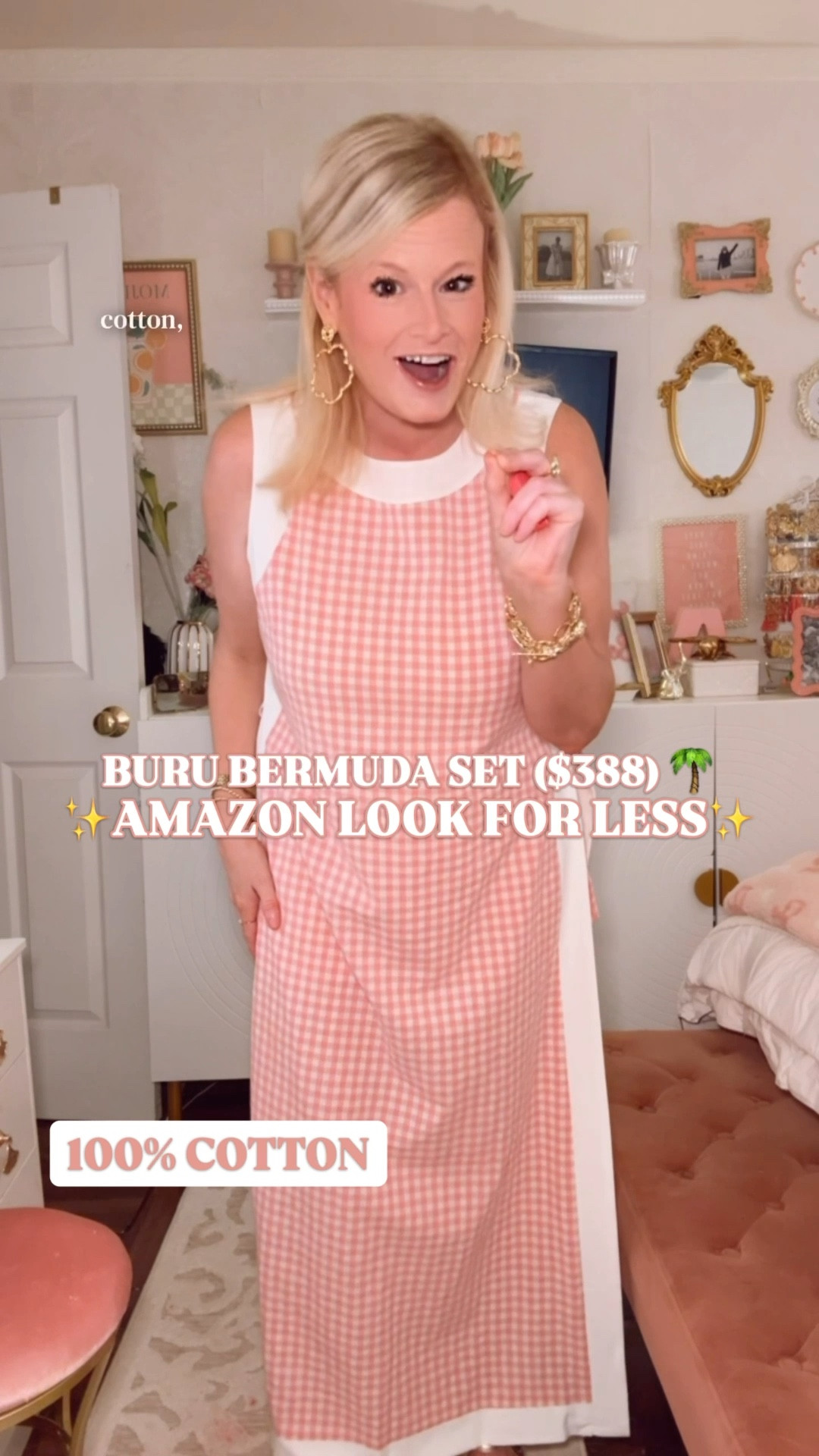 Looks like the $388 Buru Bermuda set. It's Amazon. 🌸

Picture it: striped umbrellas, a straw tote, blush cocktails at The Colony, and this dress catching every compliment before you even sit down. That is exactly the energy she brings. Just bury me in this dress. 🤌

The white contrast panels run the full length of both side seams framing the pink gingham center and creating a color-blocked silhouette. The deep side slit opens through the panel and gives the whole dress that resort movement Buru charges $388 to deliver.

100% cotton. Breathable, lightweight, and every bit as good as it looks.

I am in the pink maxi. Also available in a mini. Four colors each. (I’m in a medium) 

If you are searching for: Buru look for less pink gingham dress women garden party dress women Kentucky Derby dress women resort maxi dress women bridal shower dress women spring dress women look for less designer dress
This is the one. 🌸

Buru look for less, Buru Bermuda look for less, Buru dupe, maxi dress women, spring dress women, spring maxi dress women, Easter dress women, Easter outfit women, Kentucky Derby dress women, Kentucky Derby outfit women, garden party dress women, garden party outfit women, bridal shower dress women, bridal shower outfit women, wedding guest dress women, spring wedding guest dress, resort dress women, resort maxi dress women, vacation dress women, vacation outfit women, beach dress women, beach cover up women, swimsuit cover up women, two piece set women, matching set women, gingham set women, pink set women, contrast panel dress, color block dress women, sleeveless maxi dress women, side slit dress women, cotton dress women, cotton maxi dress women, preppy dress women, preppy spring dress, preppy maxi dress, Southern style dress, Amazon dress women, Amazon fashion finds, Amazon spring dress, Amazon maxi dress, look for less dress, designer look for less, affordable spring dress, spring outfit women, summer dress women, summer outfit women

#LTKFindsUnder100 #Buru #LookForLess #LTKFindsUnder50 #AmazonFashionFinds 
