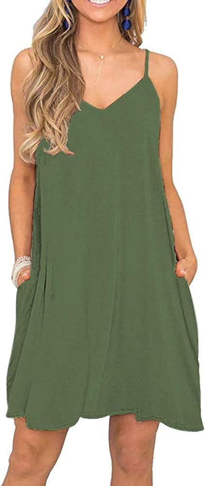 BEUFRI Women's Summer Spaghetti Strap Casual Swing Tank Beach Cover Up Dress with Pockets | Amazon (US)
