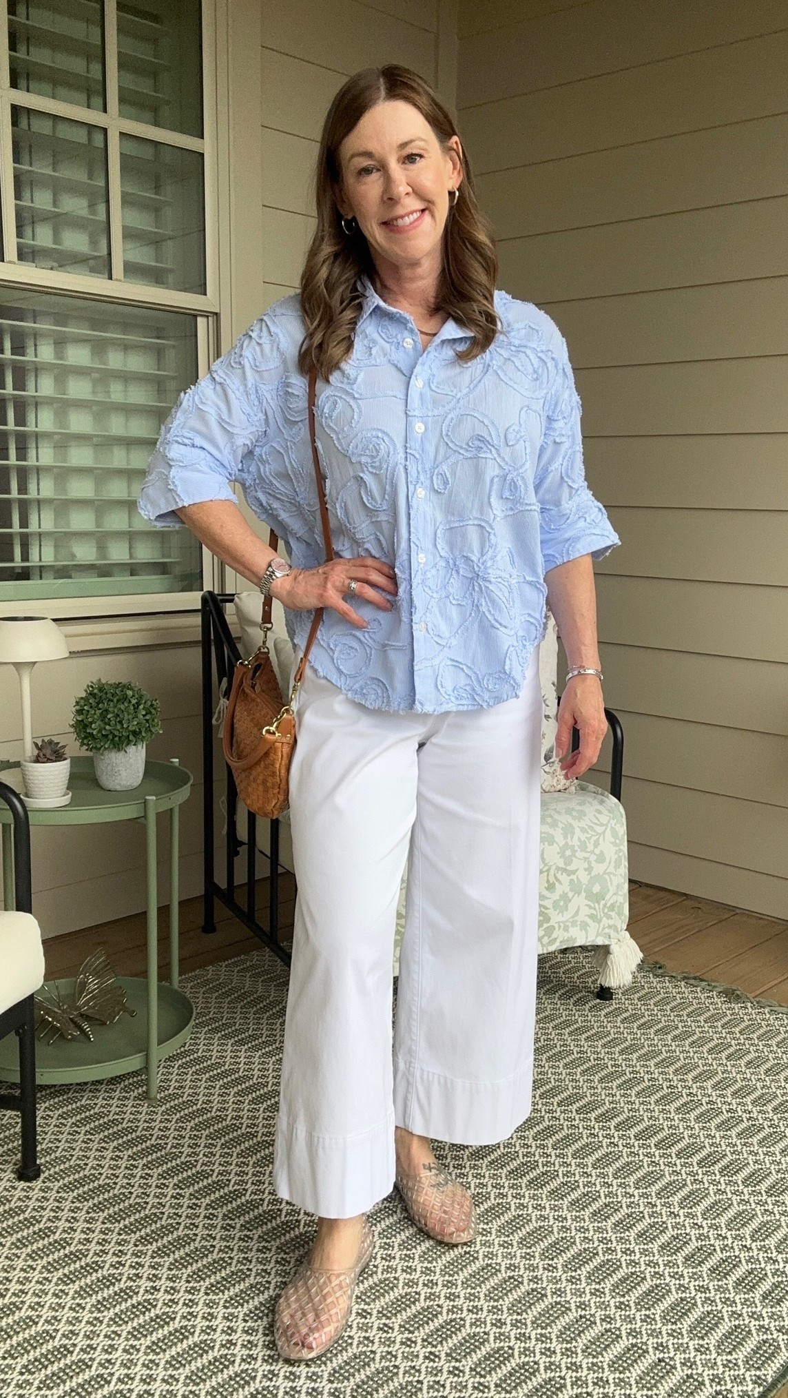 Outfit of the day! 
Anthro top size small
Spanx pants size small petite
Clare V purse
#anthropologie #spanx #clarev

#LTKootd