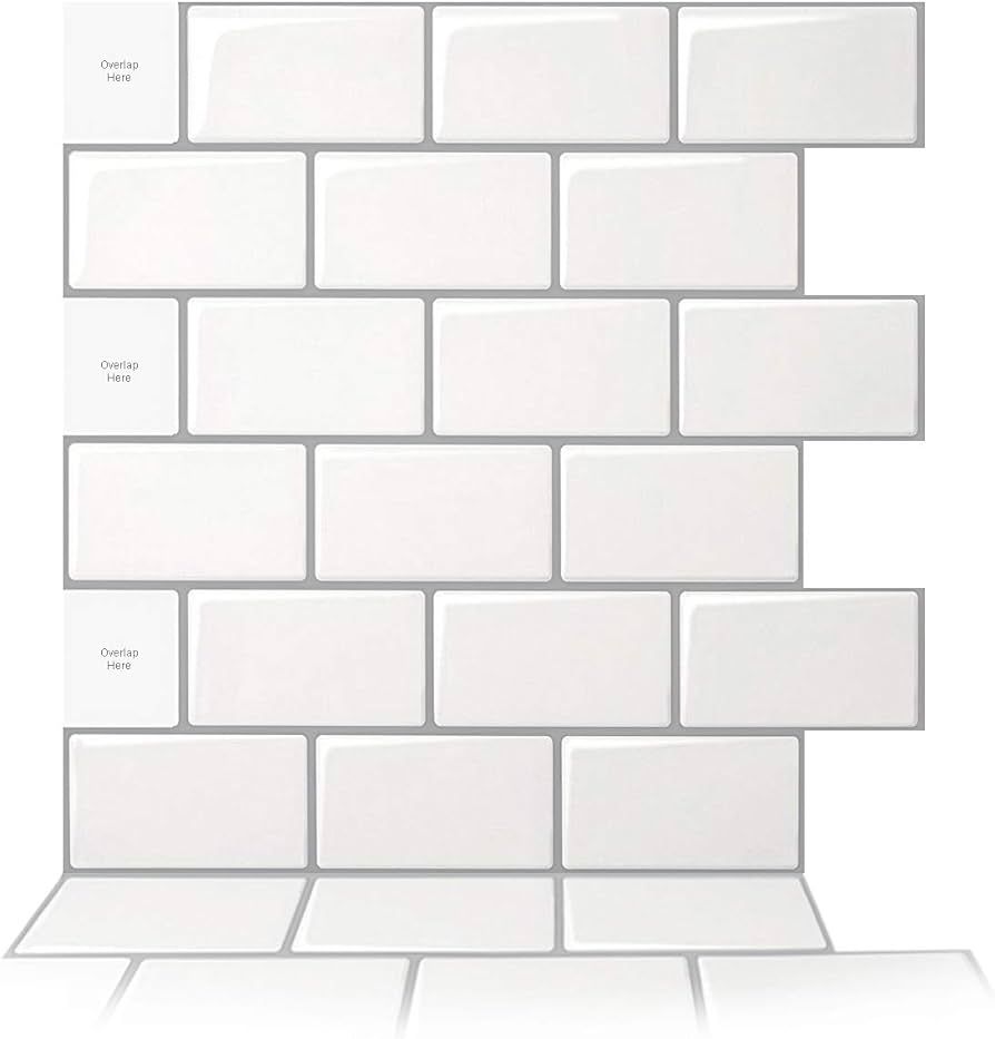 Art3d 10-Sheet Peel and Stick Backsplash, 12 in. x 12 in. Subway 3D Wall Panels, Mono White with ... | Amazon (US)