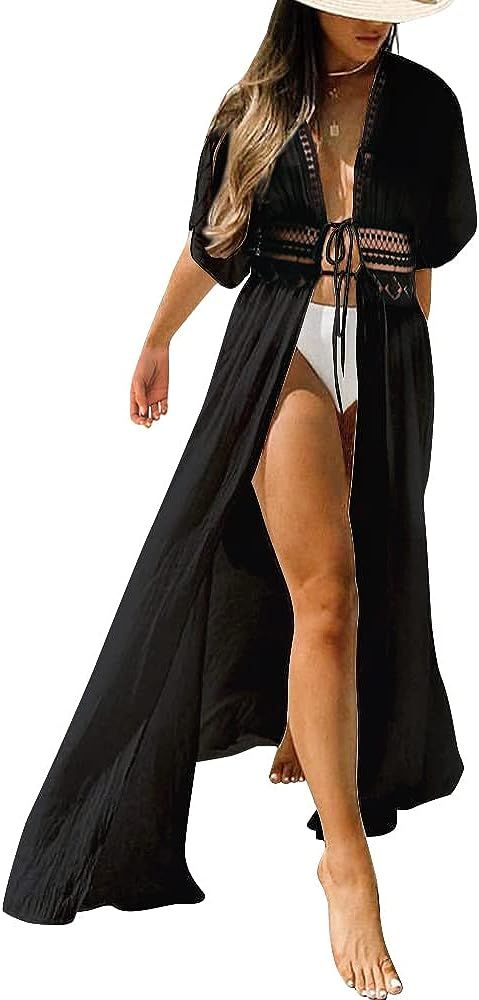 FANCYINN Womens Long Lace Cover up Sheer Bikini Coverups Kimono Tie Front Bathing Suit Swimsuit Beac | Amazon (US)
