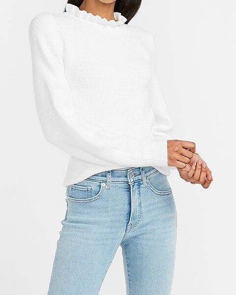 Ribbed Ruffle Neck Balloon Sleeve Sweater | Express