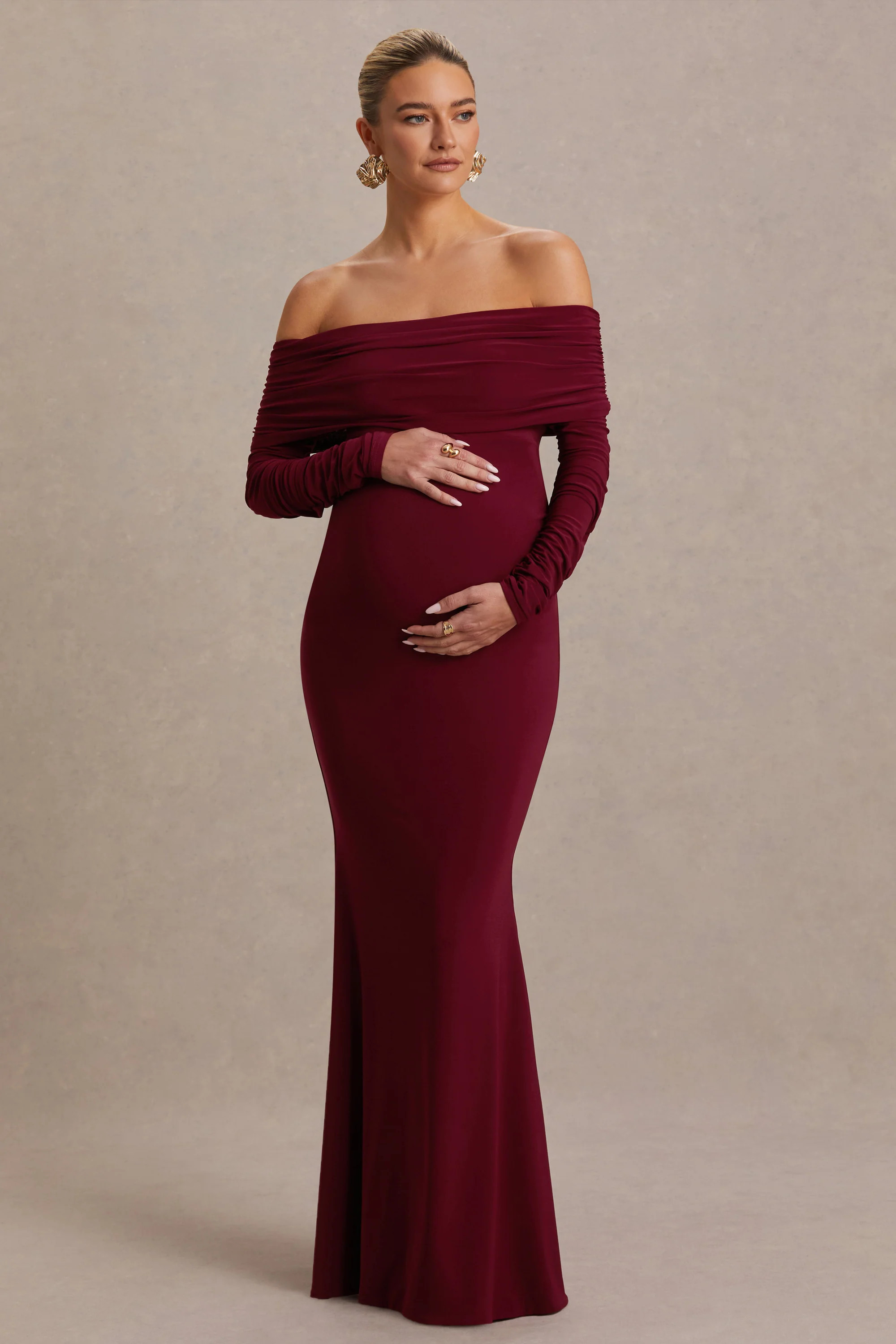 Odessa | Berry Bardot-Neck Maternity Maxi Dress | Club L London