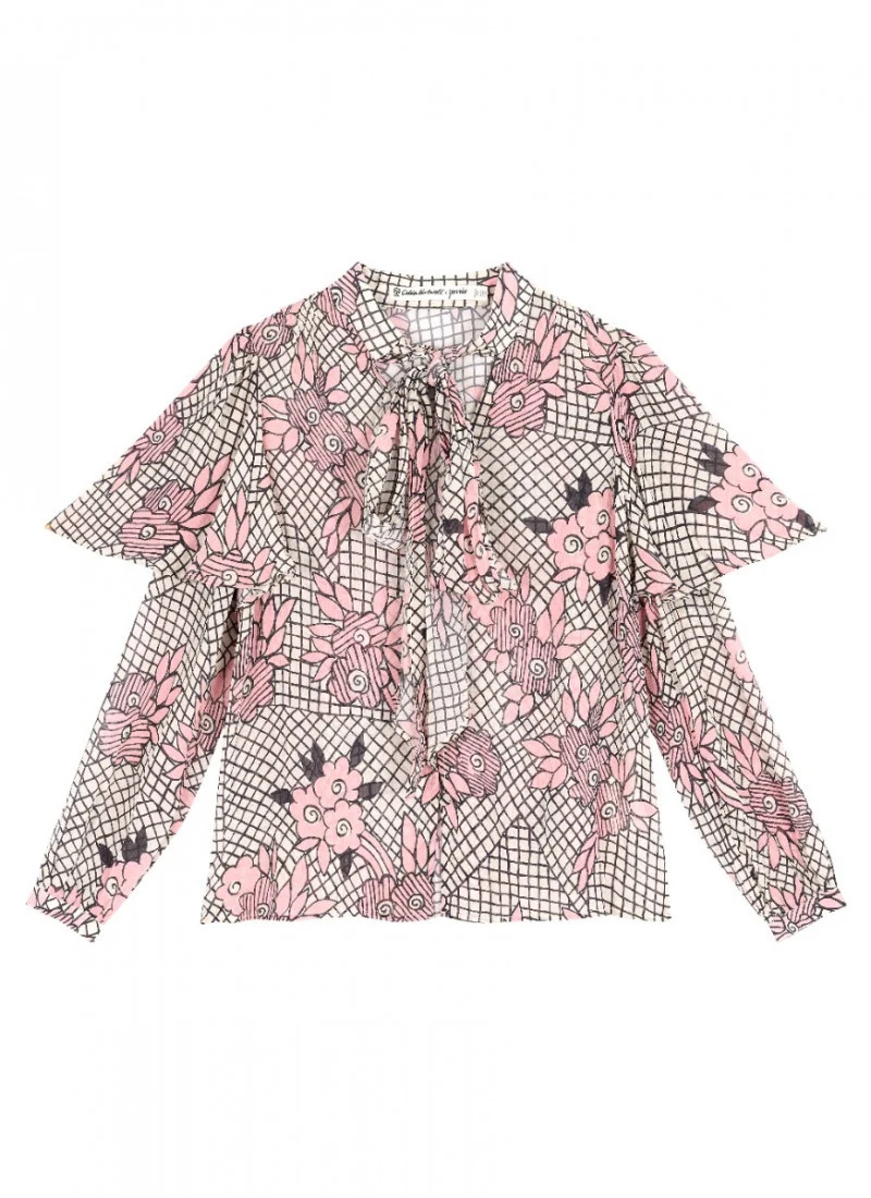 Celia Birtwell X Joanie - Jazz Flower Print Sheer Cape Sleeve Pussy Bow Blouse | Joanie