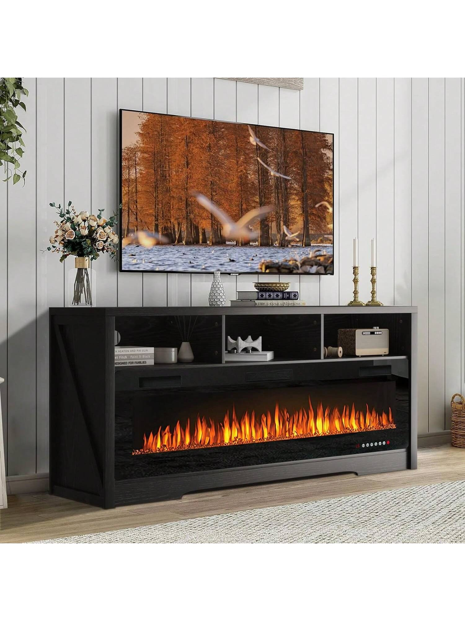 Fireplace TV Stand For TVs Up To 75" TV With 60" Electric Fireplace,Entertainment Center With Ope... | SHEIN