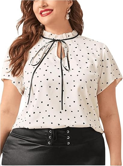 OYOANGLE Women's Plus Size Heart Print Tie Neck Short Sleeve Work Office Summer Blouse Tops | Amazon (US)