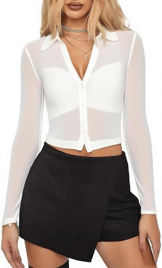 YOINS Women's Sexy Mesh Shirt Sheer Button Up Blouse Long Sleeve Crop Top | Amazon (US)
