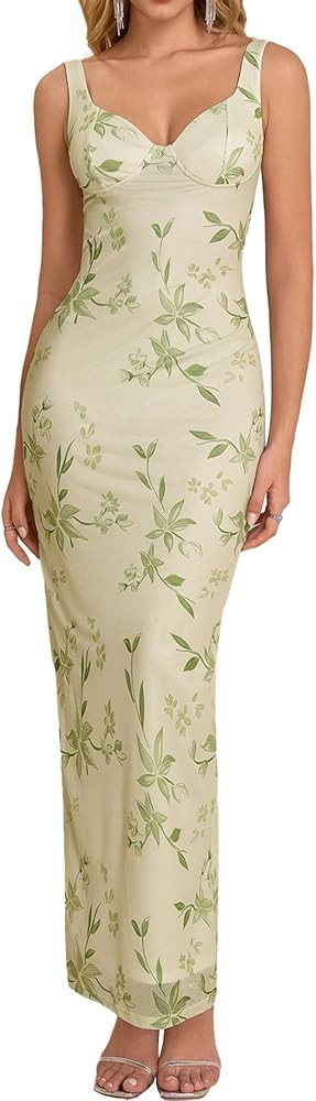 HTZMO Women Summer Floral Bodycon Maxi Dress V Neck Halter Sleeveless Casual Wedding Guest Party ... | Amazon (US)