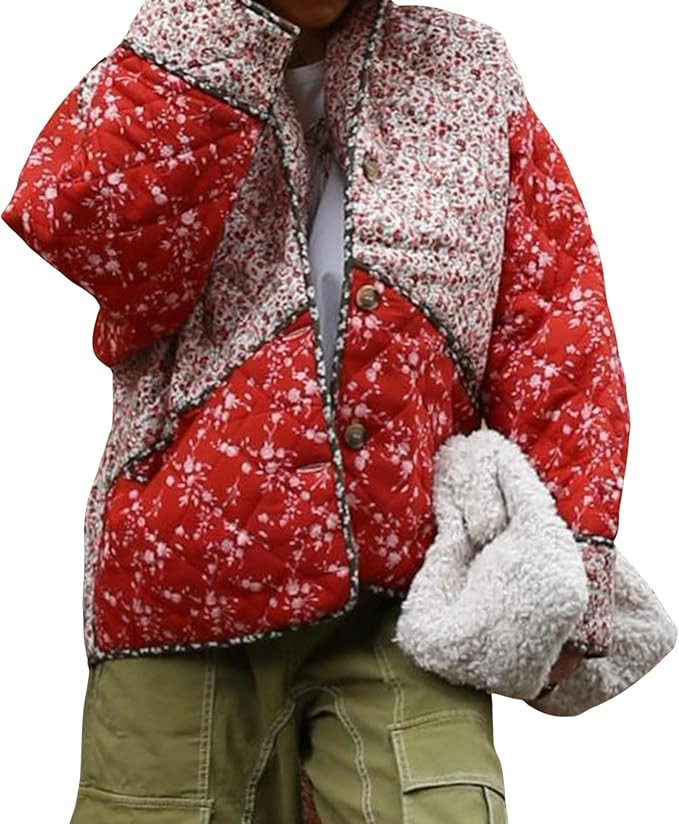 Omoone Women's Cropped Floral Quilted Jacket Cardigan Printed Lightweight Open Front Padded Puffe... | Amazon (US)