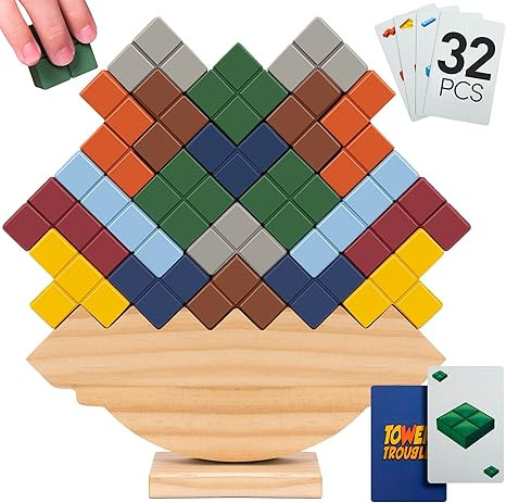 Wooden Tetra Tower Game - 32PCS Stack Attack Game with Building Blocks & Cards, Fun 1+ Players Ba... | Amazon (US)