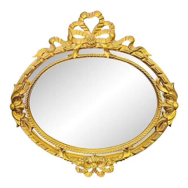Mid-Century Italian Gold Gilt Oval Wall Mirror With Ribbon Bow Flowers | Chairish