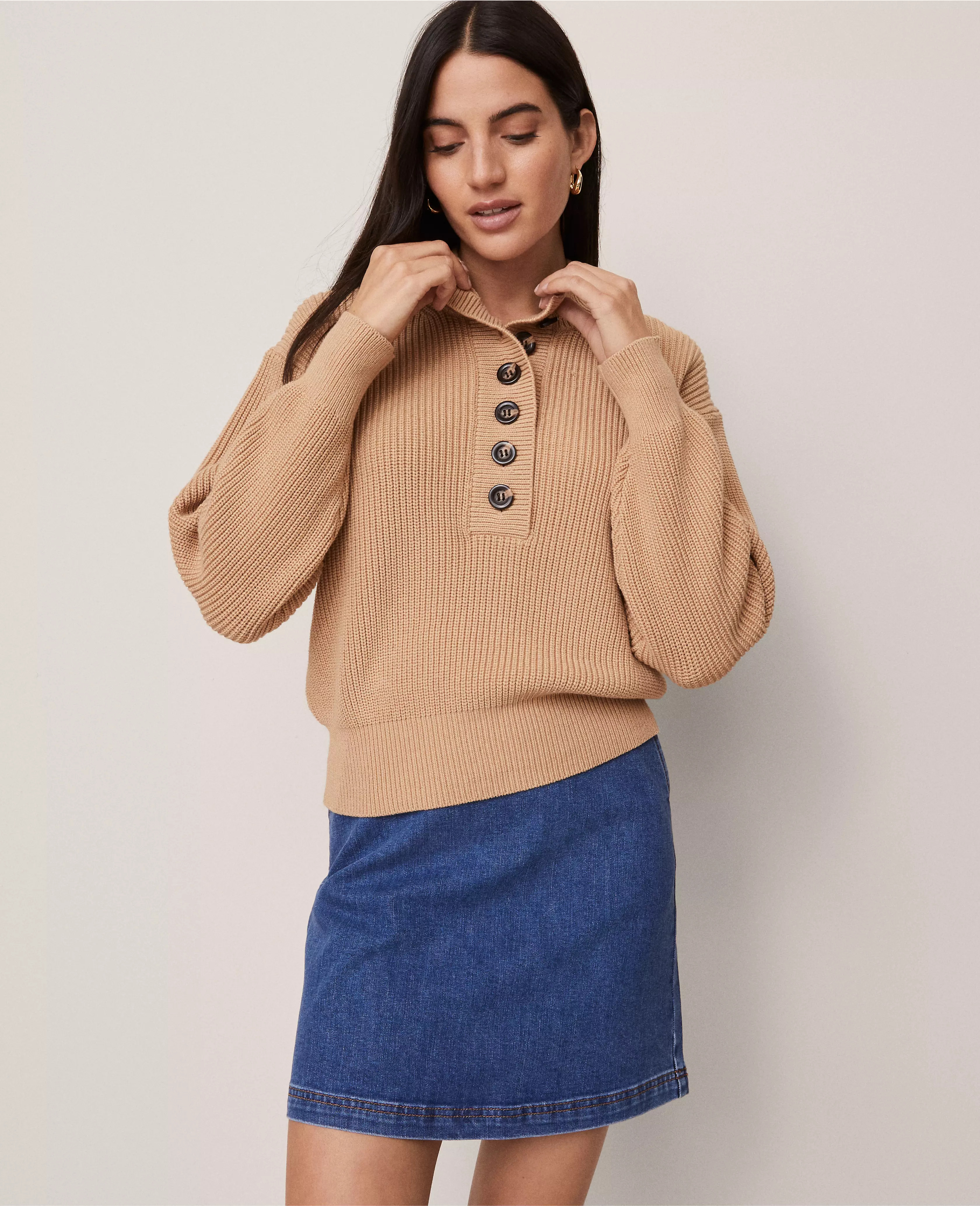 Weekend Collection Ribbed Henley Sweater | Ann Taylor