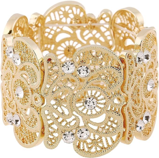 D EXCEED Womens Bohemian Lace Bracelet Vintage Filigree Cuff Bangle Bracelet Wide Stretch Rhinest... | Amazon (US)