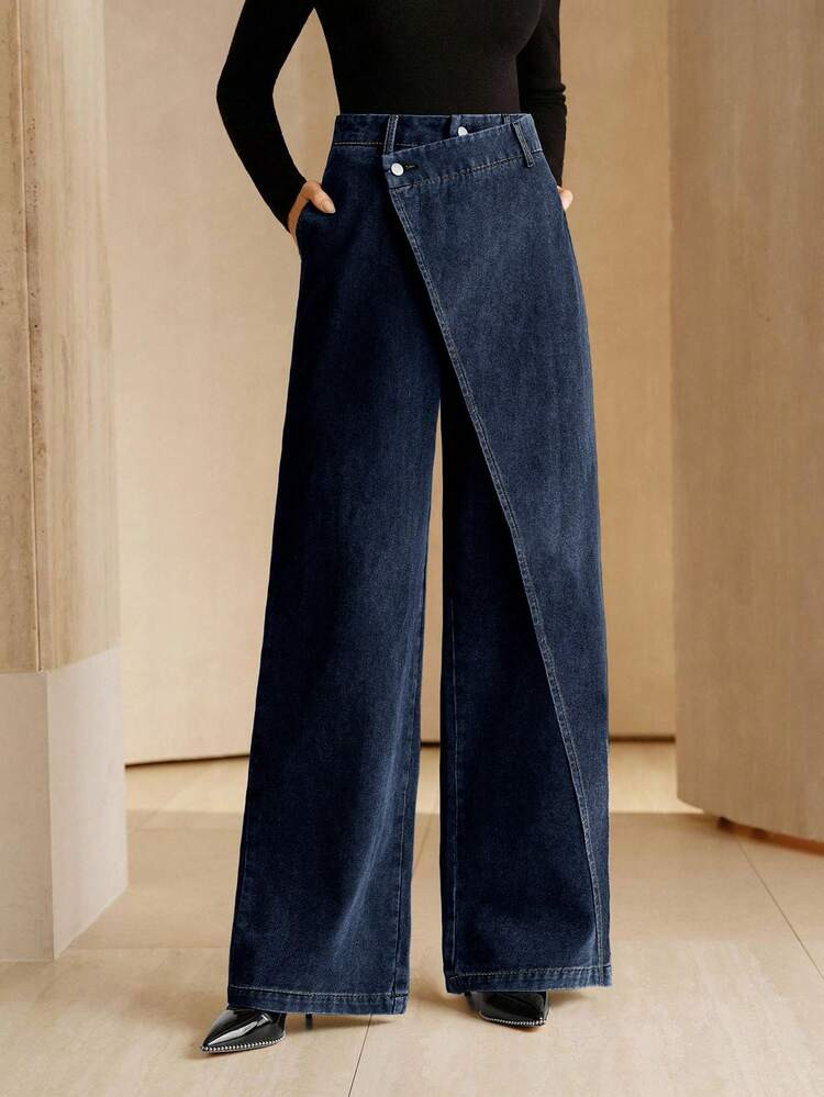 Anewsta Essential Asymmetrical Design Women's Loose Fit Pockets Wide Leg Jeans | SHEIN