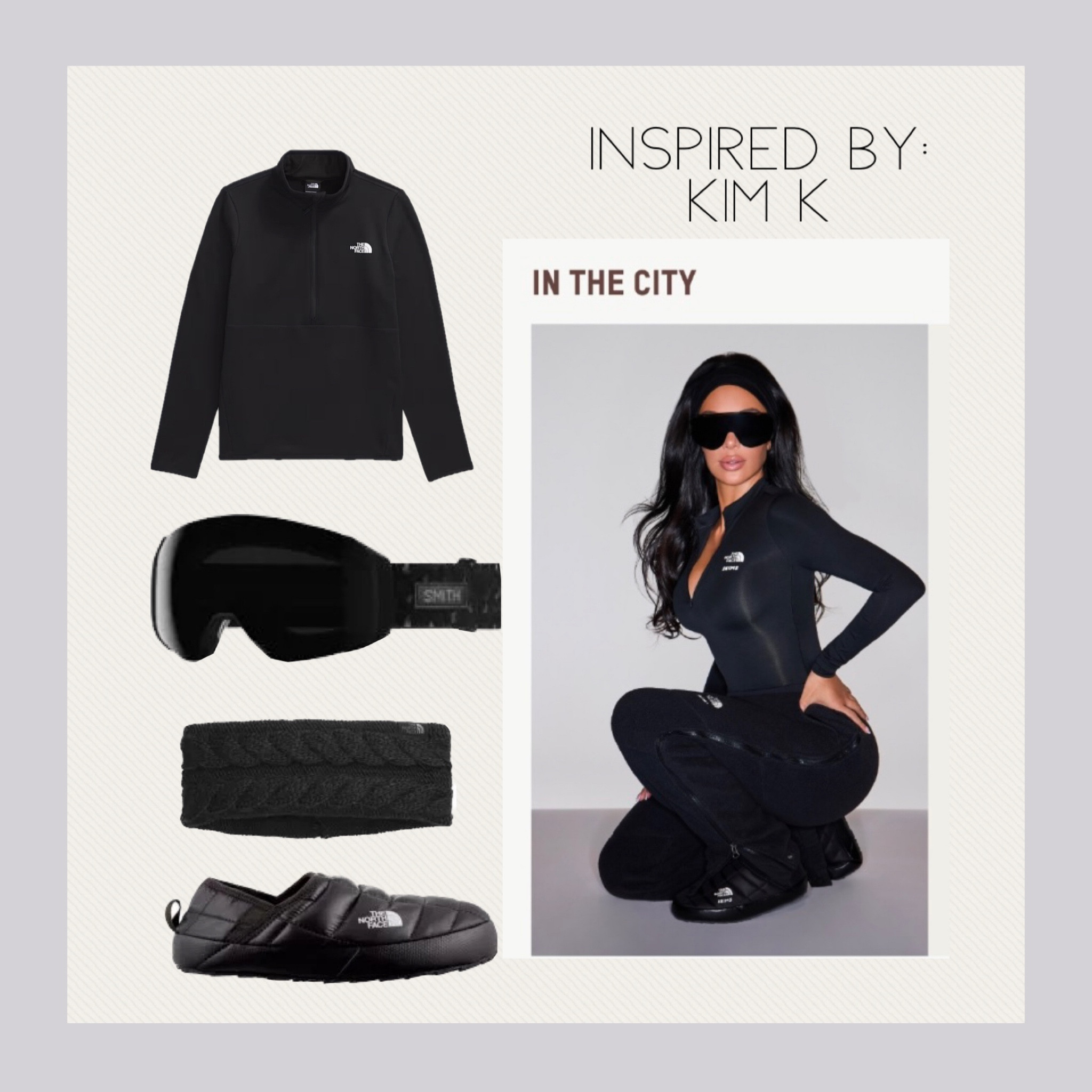 Inspired by Kim Kardashians collaboration with The North Face | apres ski | 1/4 zip | smith 4d goggles | TNF mule slippers

#LTKGiftGuide #LTKHoliday #LTKSeasonal