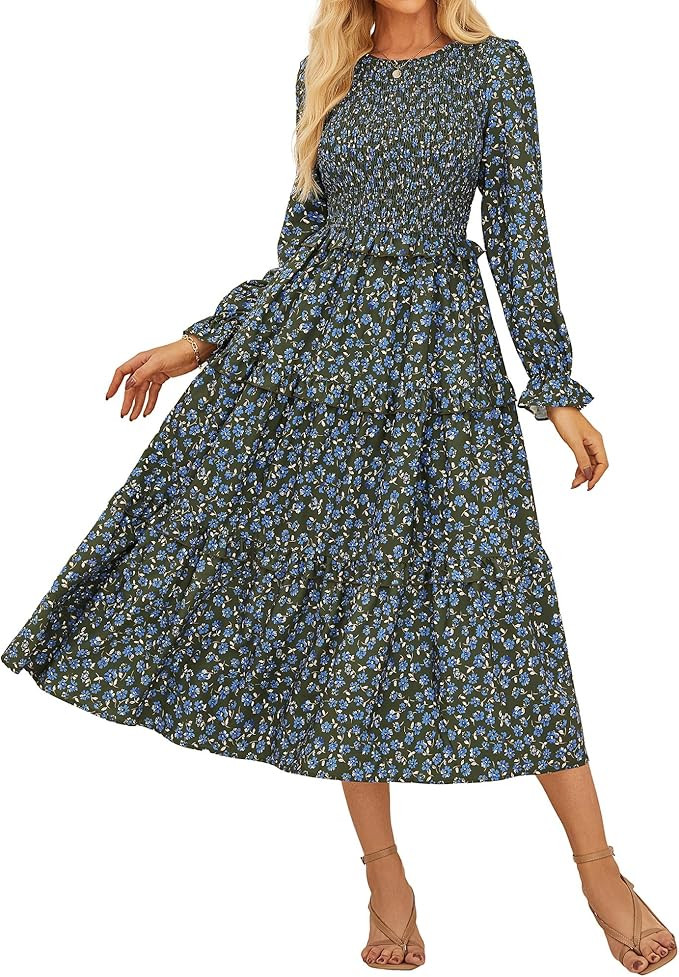 GRACE KARIN Women's Floral Midi Dress 2025 Long Sleeve Fall Elegant Smocked Tiered Flowy Wedding ... | Amazon (US)