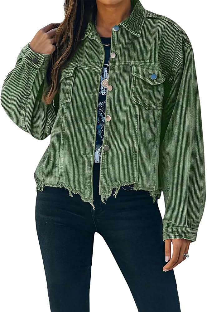Womens Cropped Corduroy Jacket Casual Button Down Shacket Coat Fringe with Frayed Hem | Amazon (US)