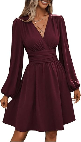 SOLY HUX Women's Elegant Dress V Neck Long Sleeve High Waist Swing Prom Cocktail Short Dresses | Amazon (US)