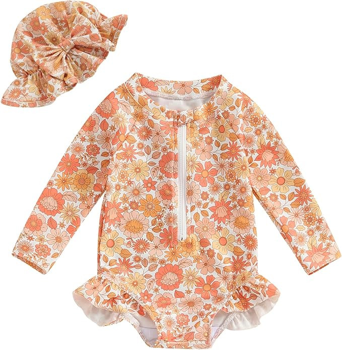 Toddler Baby Girl Long Sleeve Swimsuit One-Piece Zipper Swimsuit Girls Bathing Suit Rash Guard wi... | Amazon (US)