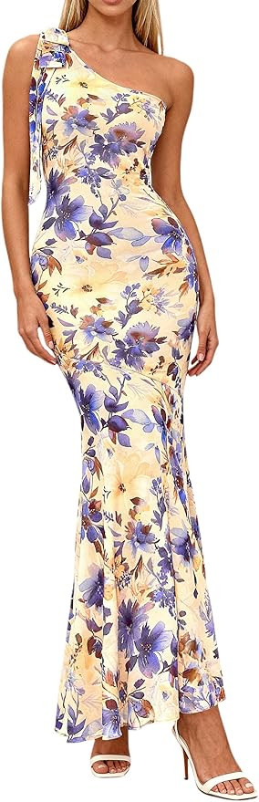 PRETTYGARDEN Womens Summer One Shoulder Maxi Dress 2026 Floral Sleeveless Bodycon Mesh Long Beach... | Amazon (US)