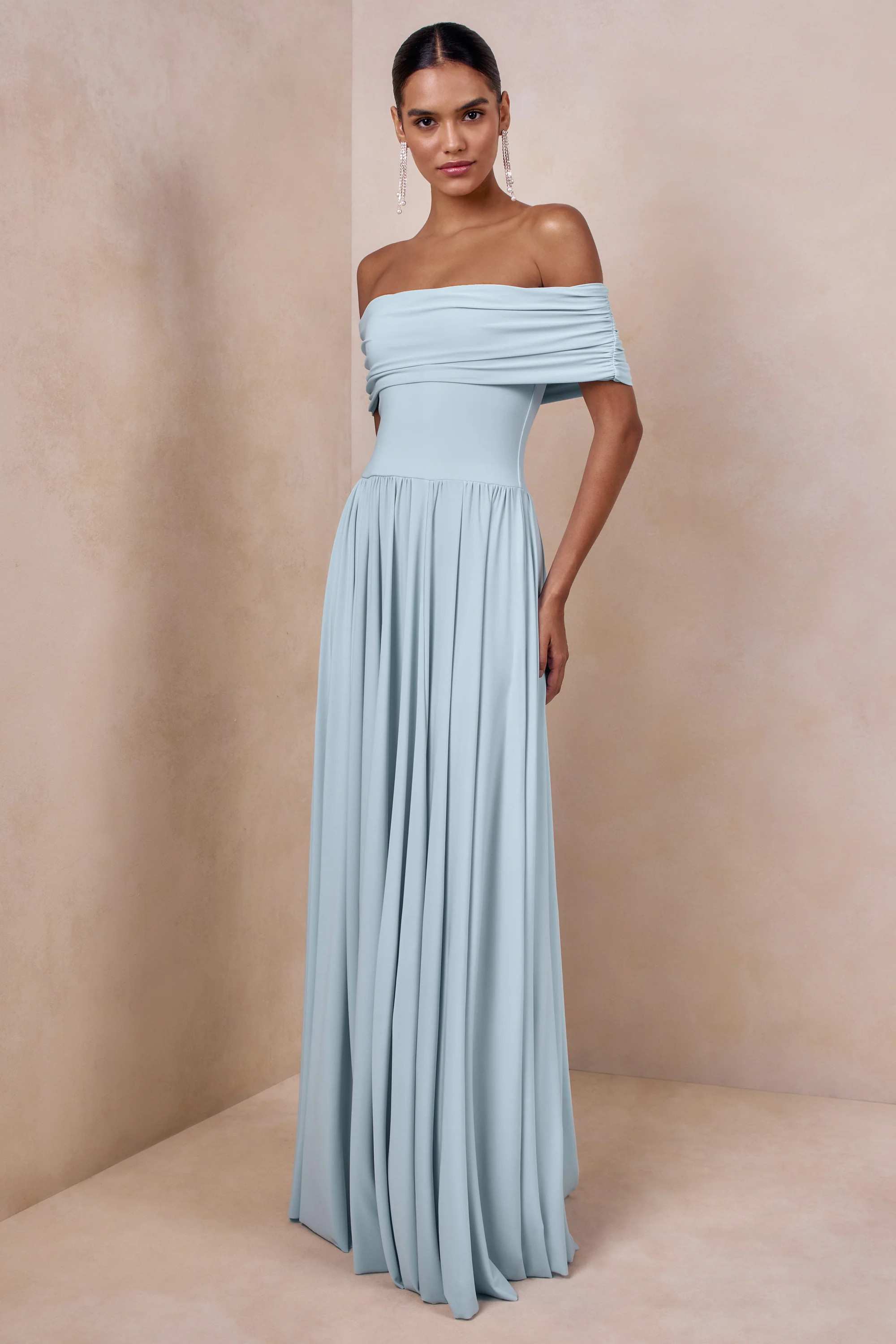 Cindie | Powder Blue Bardot-Neck Maxi Dress | Club L London