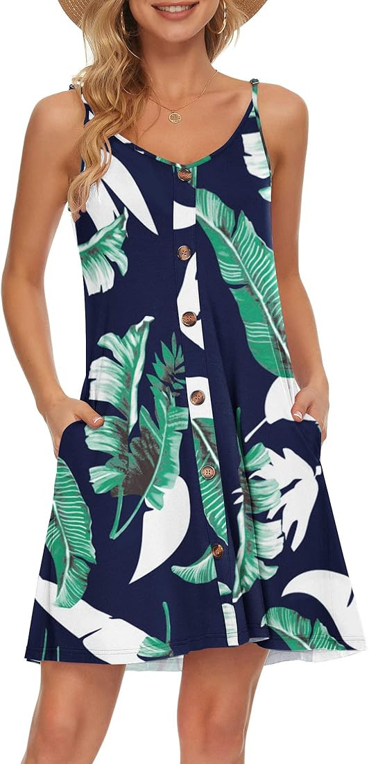 MISFAY Women Summer Spaghetti Strap Button Down V Neck Sleeveless Causal Beach Cover Up Dress | Amazon (US)