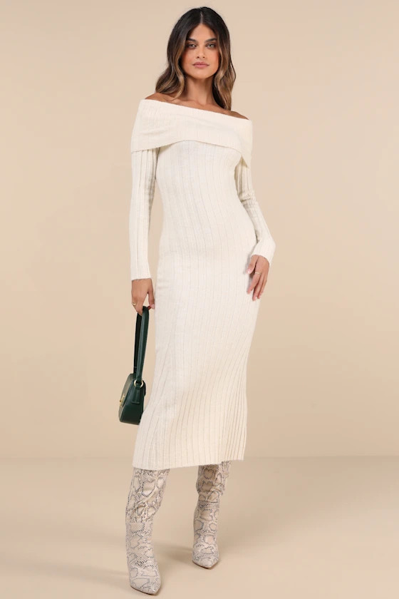 Snuggly Aura Cream Ribbed Off-the-Shoulder Sweater Midi Dress | Lulus