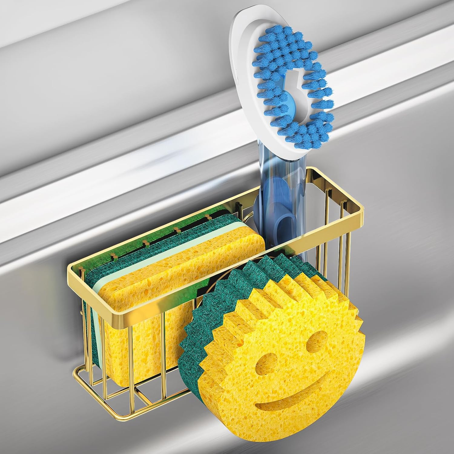 Sponge Holder Smiley Face, Sink Caddy for Kitchen Sink, Sink Organizer Sponge Holder with 2 PCS Suction Cups/1 PCS Adhesive Strips, Designed for Sponge, Soap, Dish Brush, Scrubber-Gold | Amazon (US)