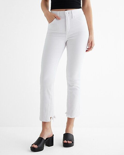 High Waisted White Raw Hem Cropped Flare Jeans | Express