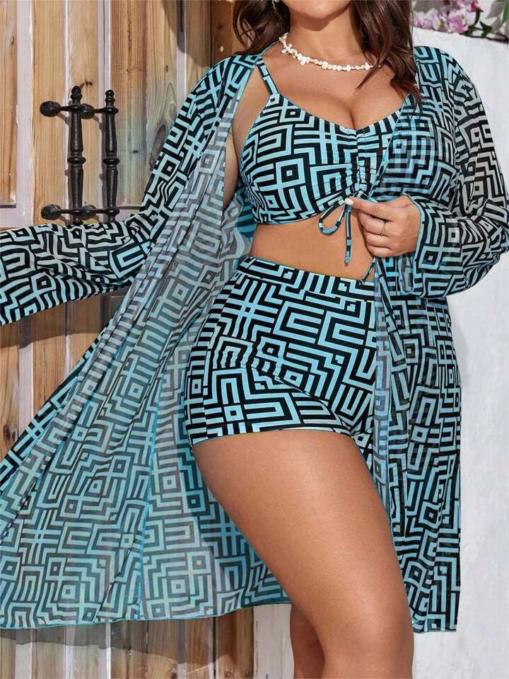 SHEIN VCAY Summer Beach Plus Size Women Geometric Pattern Printed Swimsuit 3 Piece Set | SHEIN
