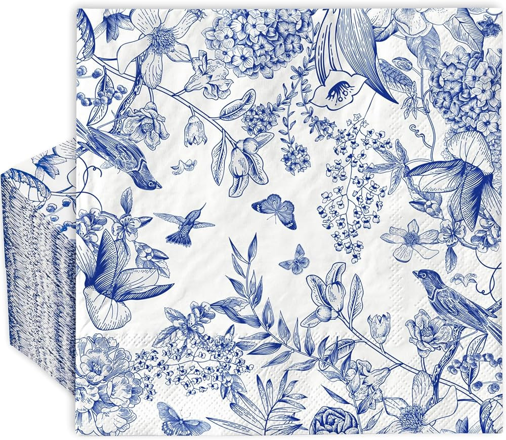 Amazon.com: AnyDesign 80 Pack Blue White Floral Luncheon Napkins Disposable Bird Butterfly Flower... | Amazon (US)