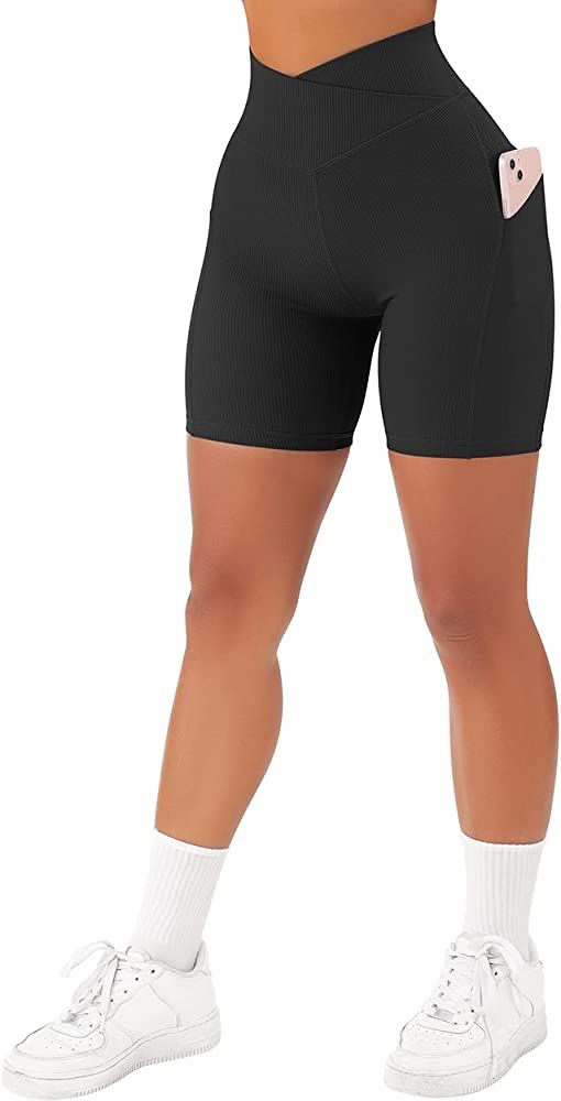 SUUKSESS Women Cross Workout Shorts with Pockets 5" High Waist Booty Biker Short | Amazon (US)
