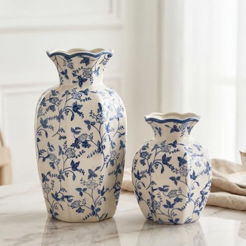 2 Pcs Blue and White Vintage Vase Ceramic Chinoiserie Floral Vase 9.5'' 6'' | Amazon (US)