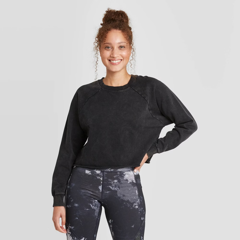 Women's French Terry Acid Wash Pullover Sweatshirt - JoyLab Black XL | Target