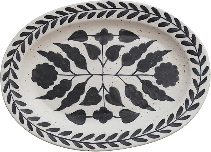 Creative Co-Op Hand Painted Stoneware Platter with Floral Design, Black and White | Amazon (US)