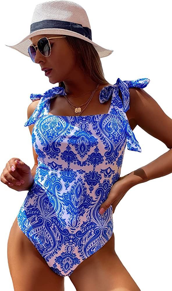 Floerns Women's Tie Shoulder Onepiece Swimsuit Floral Print Monokini Swimwear | Amazon (US)