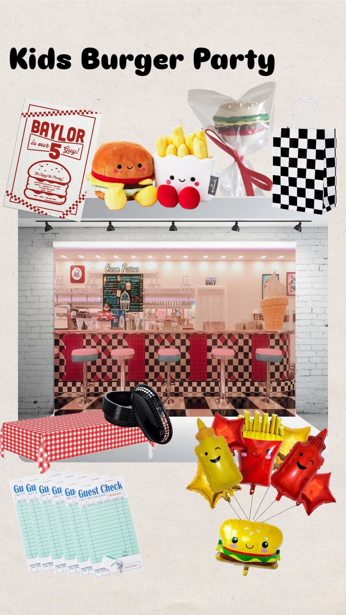 Kids burger party
Five guys
Kids birthday party
Diner
Retro diner
Checkered pattern
Balloons
Favors
Cake pops


#LTKKids