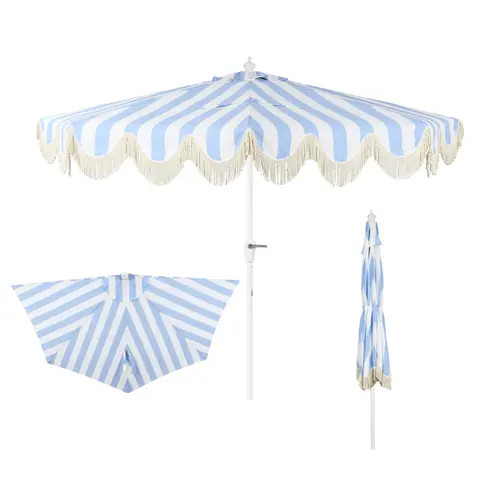 JONATHAN Y Beverly Coastal Half Patio Umbrella, Space-Saving Balcony Shade with Scalloped Fringe, Crank & Manual Tilt in Light Blue/white Pole at | Nordstrom