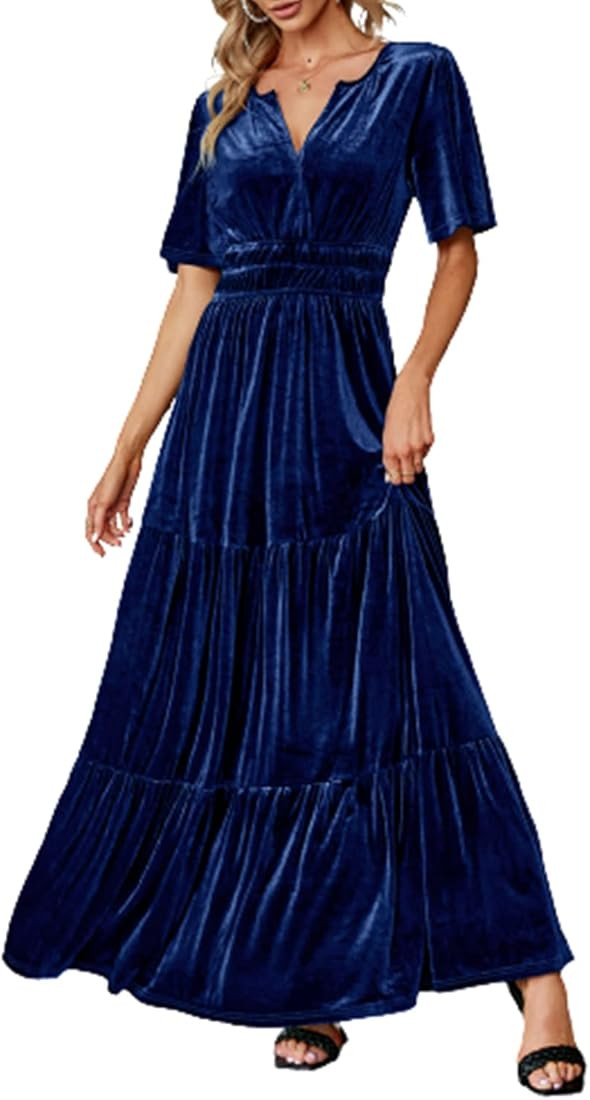Women's Velvet Short Sleeve V Neck Formal Wedding Guest Maxi Dresses Fall Evening Party Long Dres... | Amazon (US)