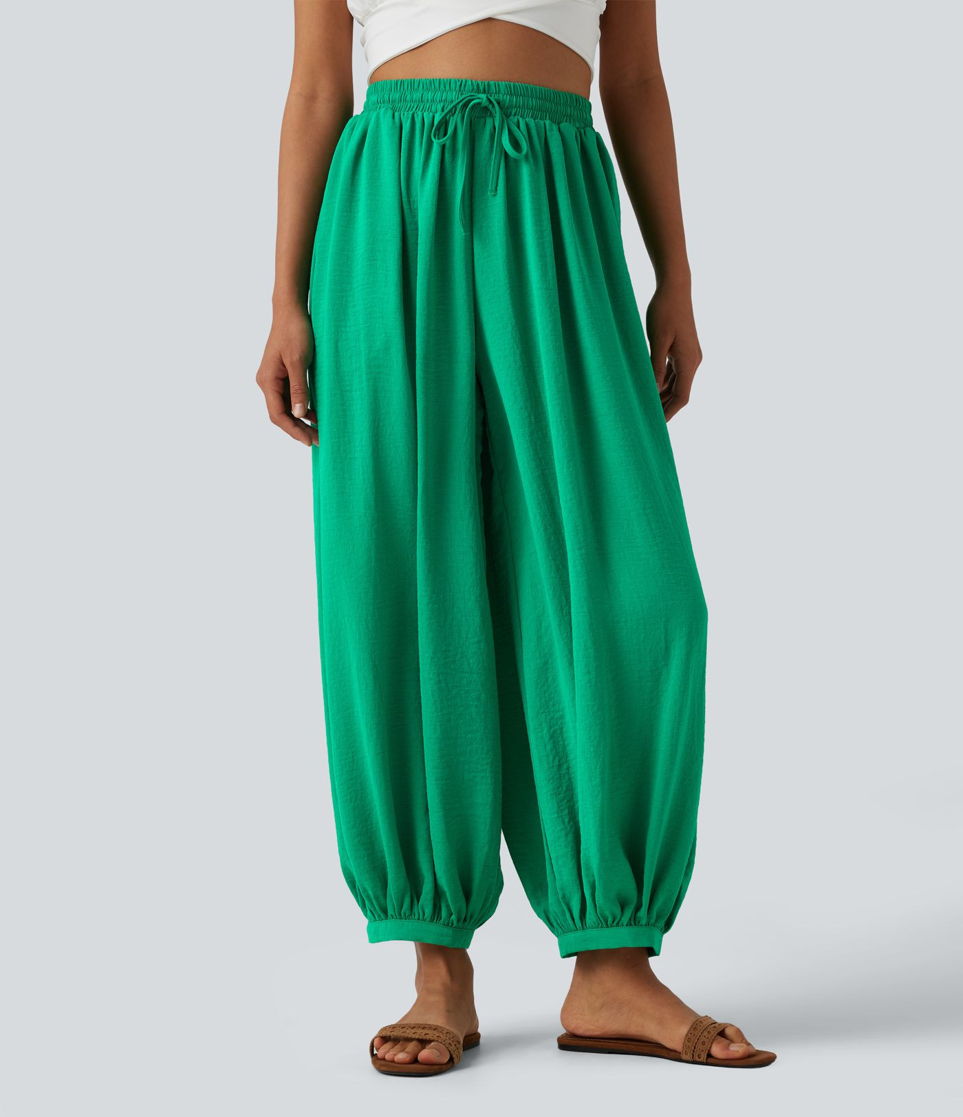 Women\u2019s High Waisted Drawstring Linen-Feel Resort Flowy Balloon Pants with Pockets - Halara | HALARA