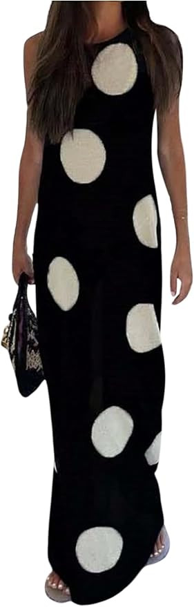 Floerns Women's Polka Dots Sweater Dress Sleeveless Crew Neck Straight Maxi Dresses Fall Outfit | Amazon (US)