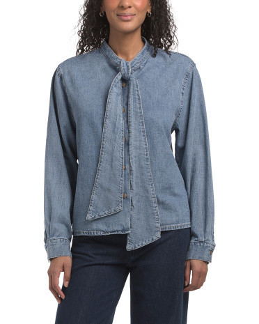 Long Sleeve Denim Shirt With Neck Tie, Cotton | TJ Maxx