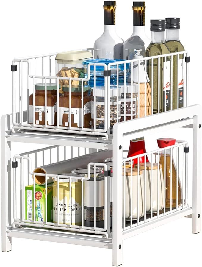 Lxmons 2 Tier Sliding Basket Drawer Organizer, Pull Out Under Sink Cabinets Organizer, Metal Home... | Amazon (US)