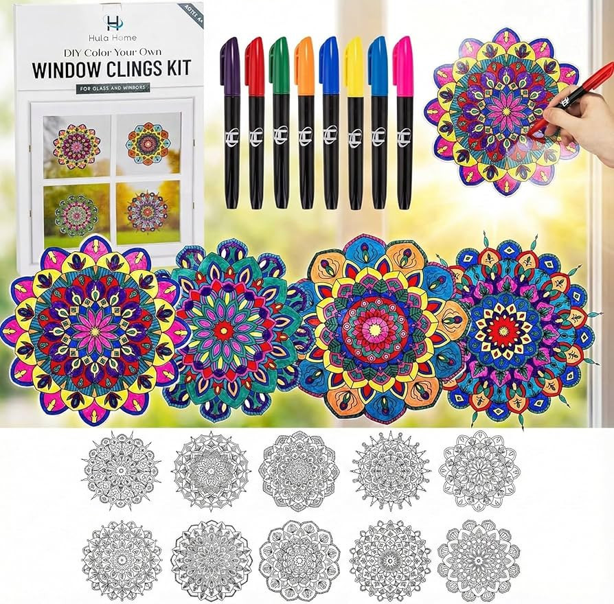Hula Home Stained Glass Mandala Art Kit - DIY Window Clings with Markers, 10 Suncatchers - Perfec... | Amazon (US)
