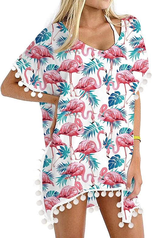 Women's Chiffon Swimsuit Cover Up Bathing Suit Swimwear Beach W/Pompom | Amazon (US)